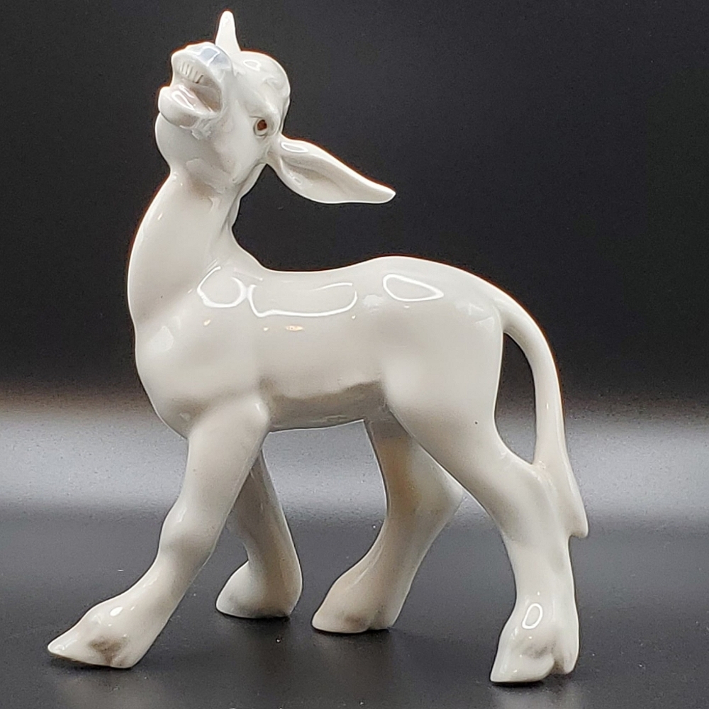 Elegant White Porceval Ceramics Sculpture of a Breying Donkey. Made in Spain.